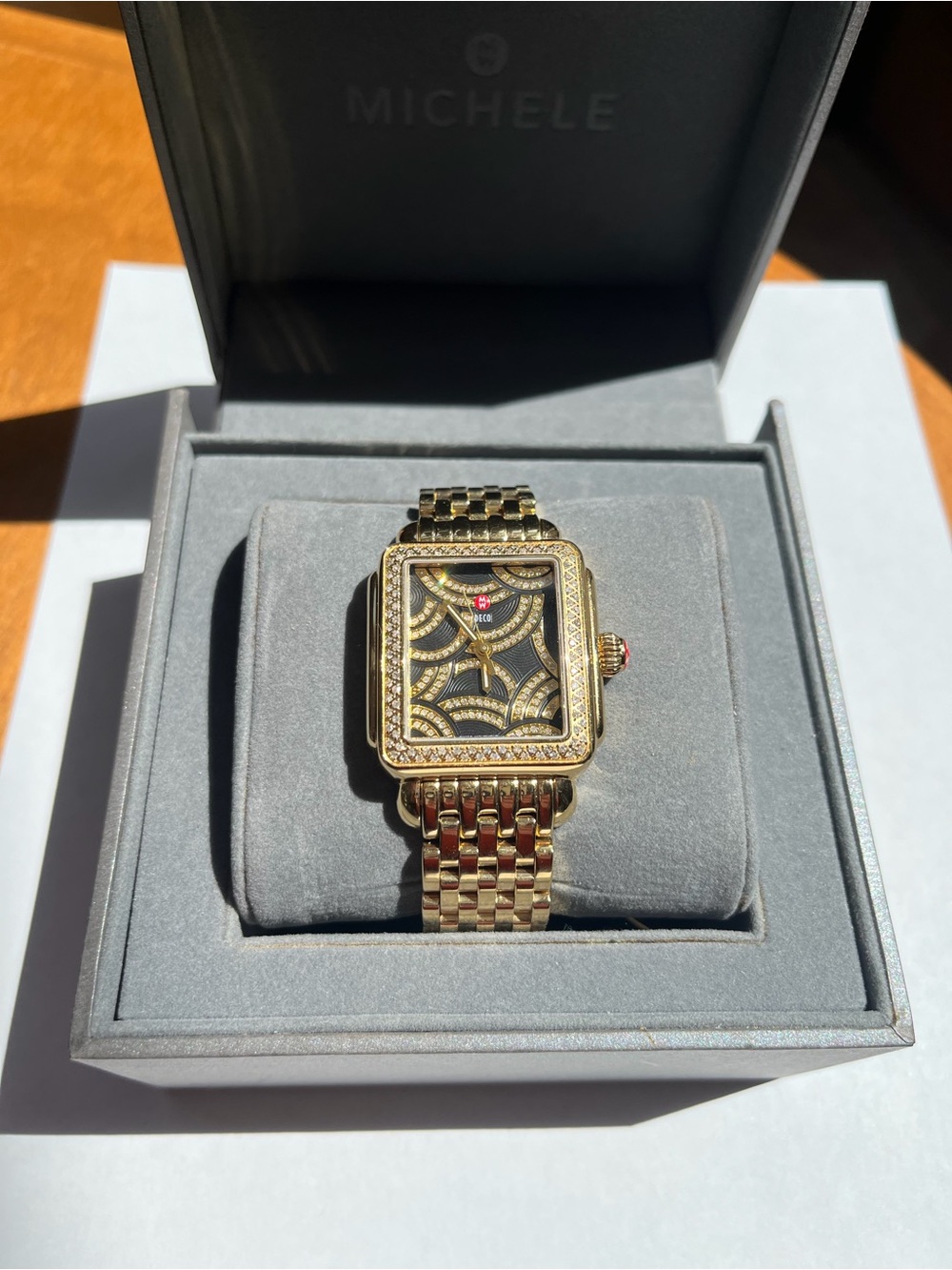 Michele Gold-Tone Black Dial Diamond Accent Deco Bracelet Watch - Picture 2 of 3
